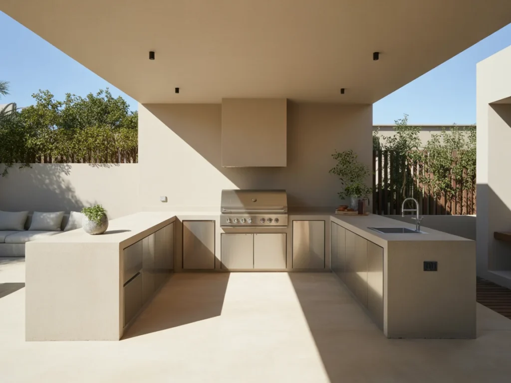 tropical outdoor kitchen design with bamboo cabinets and greenery