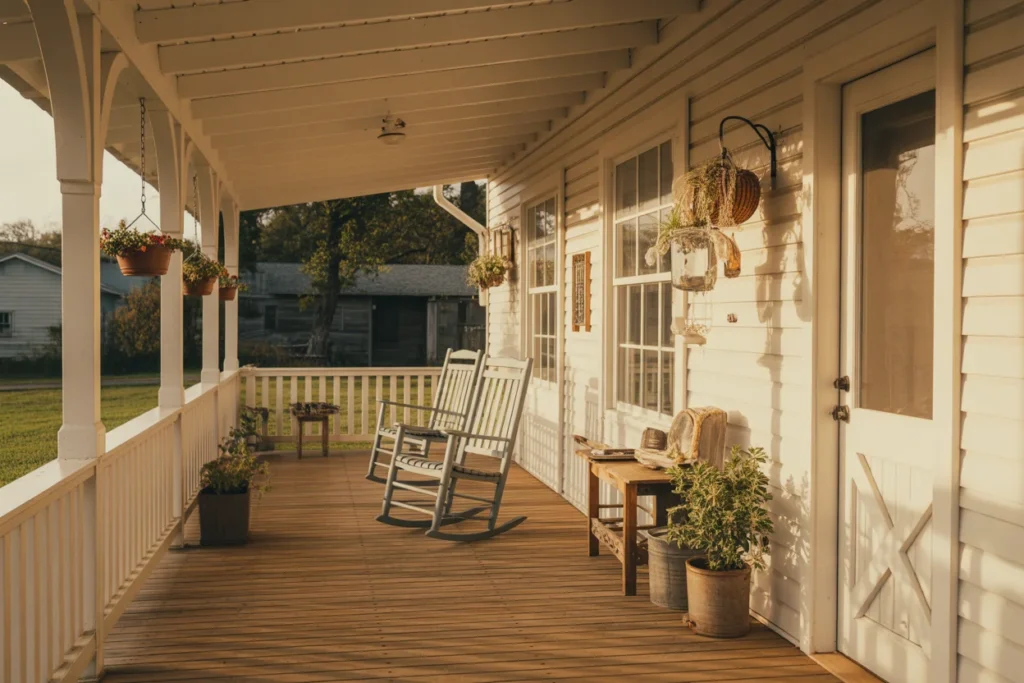 Farmhouse front porch with rocking chairs, wooden table, and warm evening sunlight