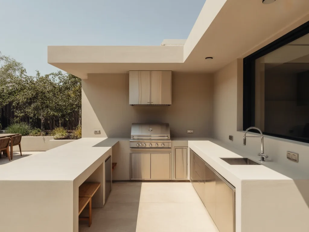modern covered outdoor kitchen design with island and bar stools