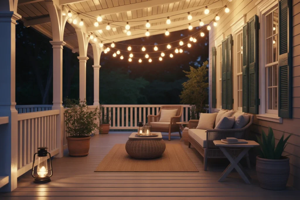 Cozy small porch at night with string lights, lanterns, and comfortable seating area