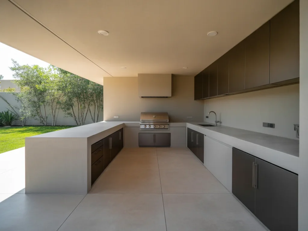 minimalist outdoor kitchen design with neutral tones and clean layout