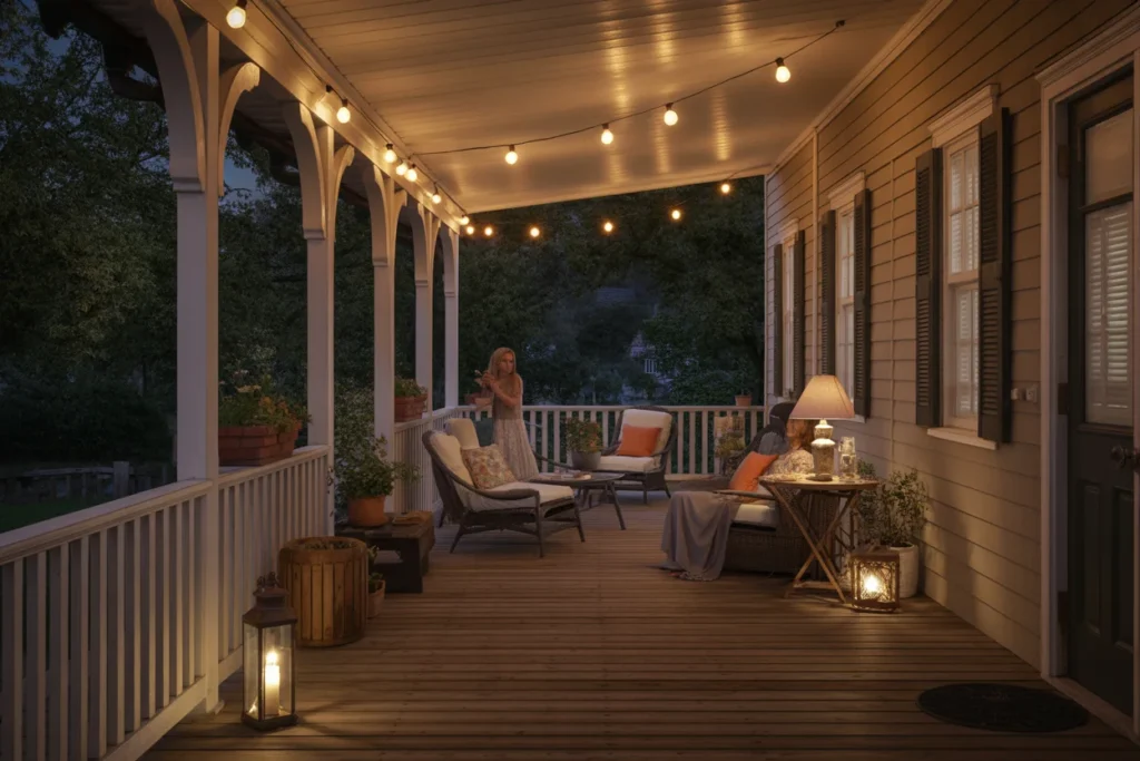 Back porch with outdoor seating, soft lighting, plants, and relaxing evening ambiance