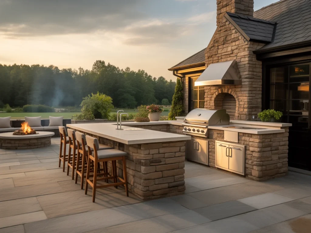 luxury brick outdoor kitchen design with fire pit and seating area