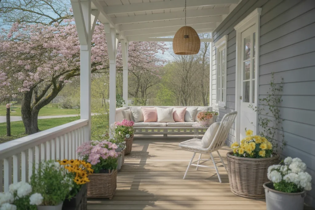 Spring porch decor with pastel cushions, blooming flowers, and garden view