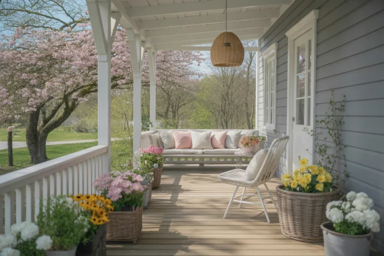 Spring porch decor with pastel cushions, blooming flowers, and garden view