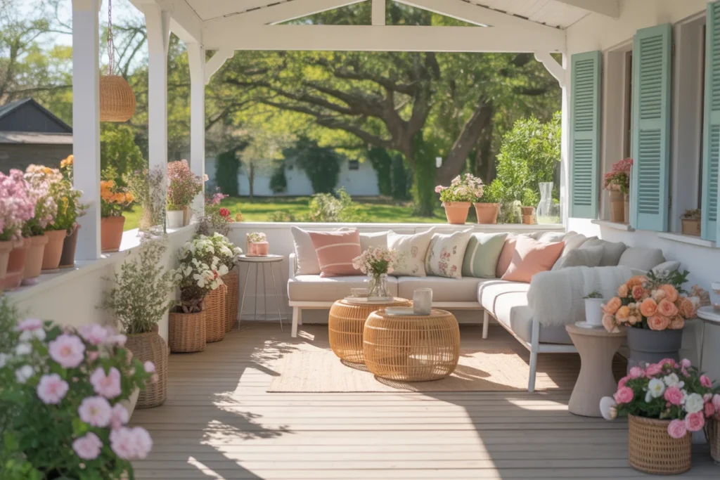 Bright small porch with floral decor, wicker furniture, and soft pastel tones