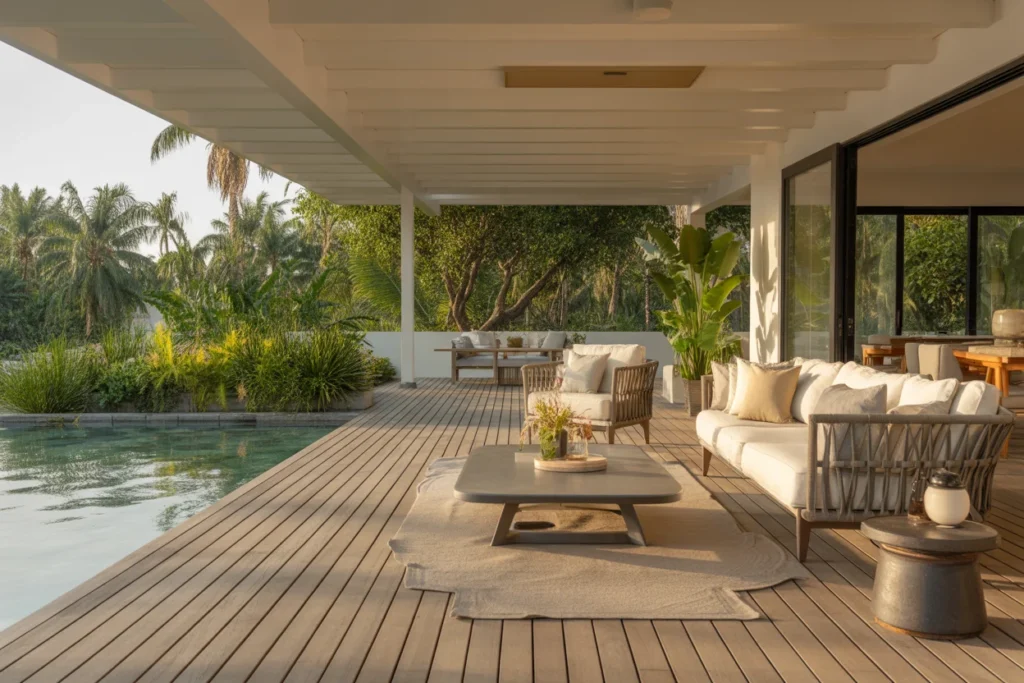 Luxury small porch decor ideas with poolside seating and neutral furniture