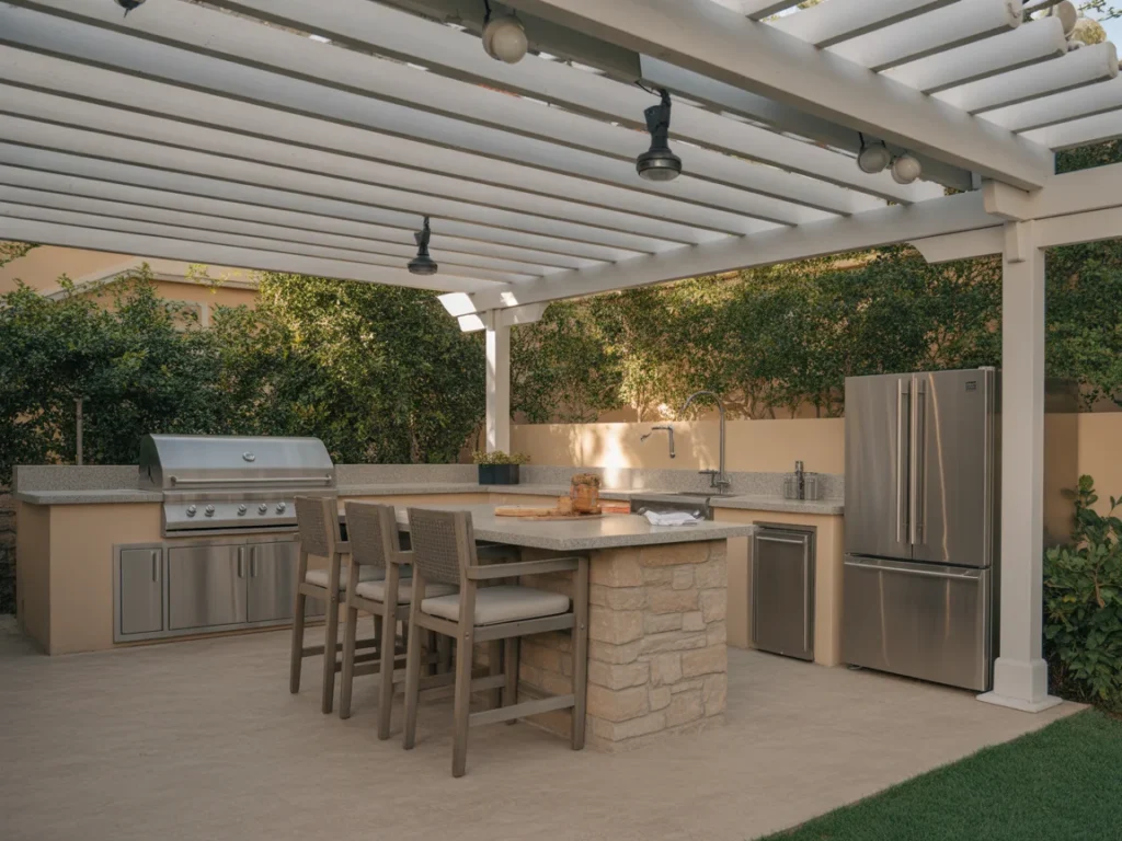backyard outdoor kitchen with pergola cover and fridge