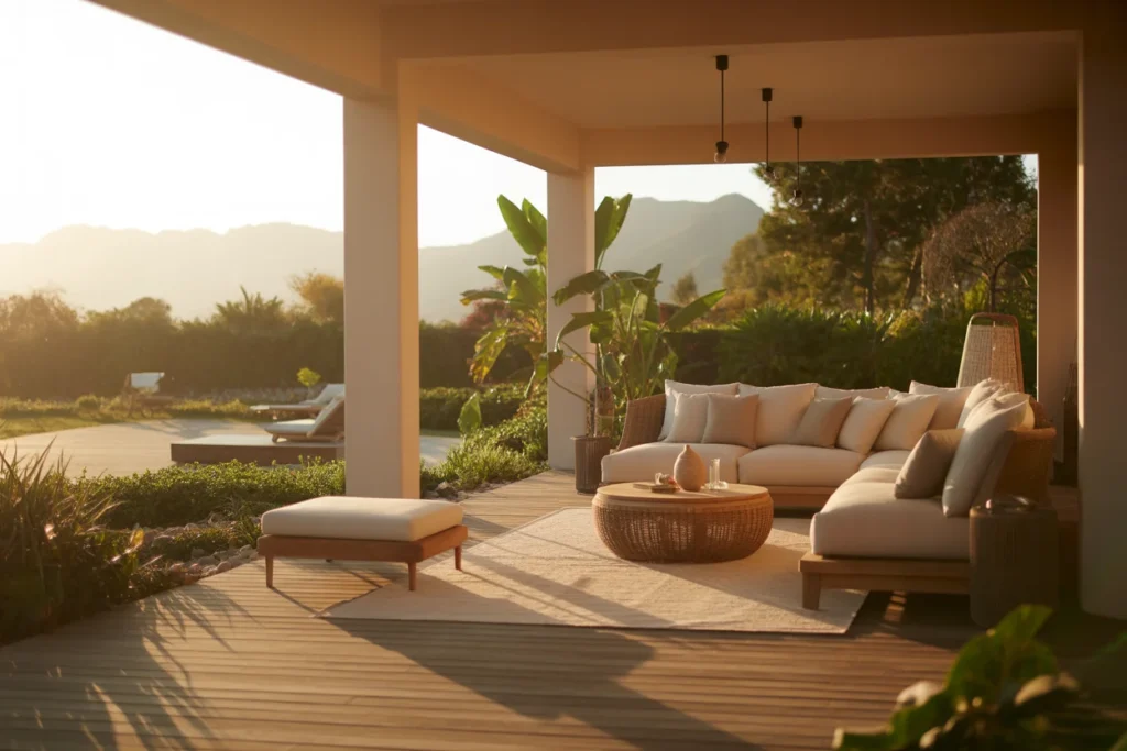Cozy small porch with warm sunset lighting, beige cushions, rattan table, and garden view