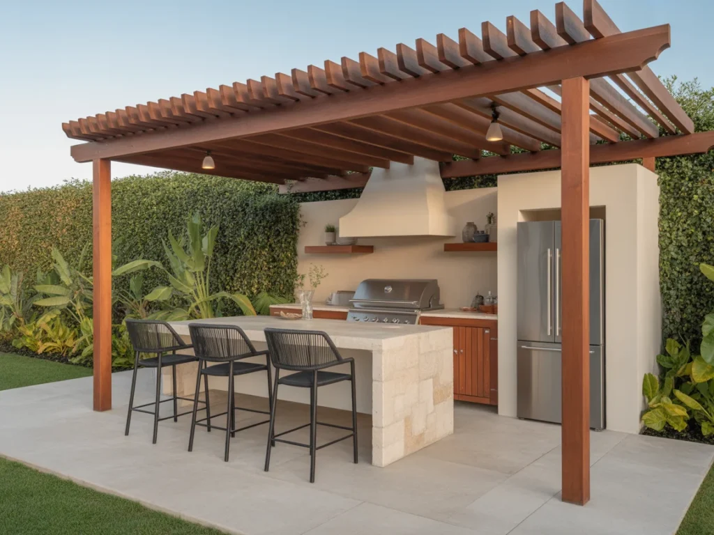 simple outdoor kitchen design with small layout and bar stools