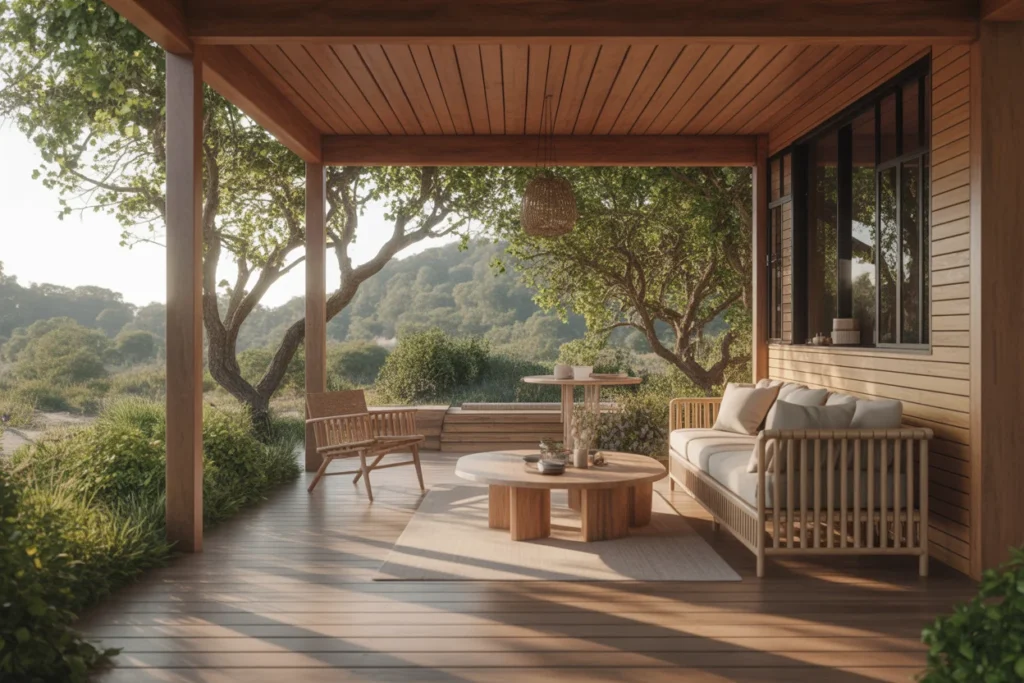 Natural wood porch with minimalist furniture, round wooden table, and scenic hillside view