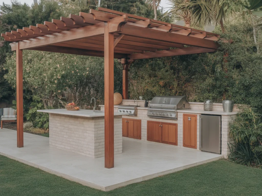 brick outdoor kitchen design with rustic cabinets