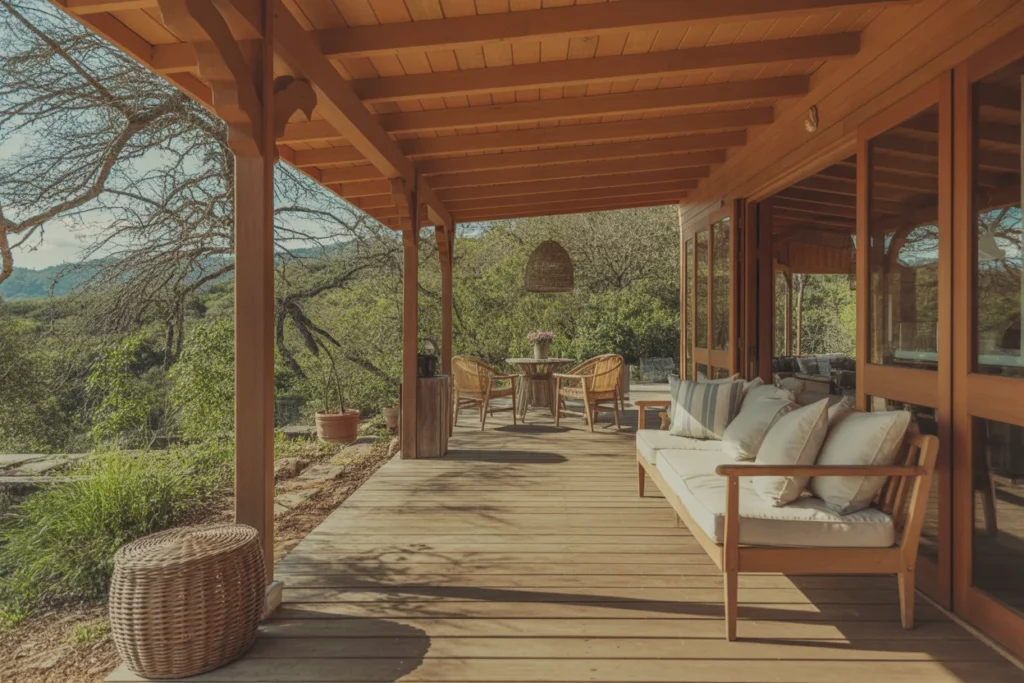 Rustic farmhouse front porch with wooden beams, bench seating, and countryside landscape