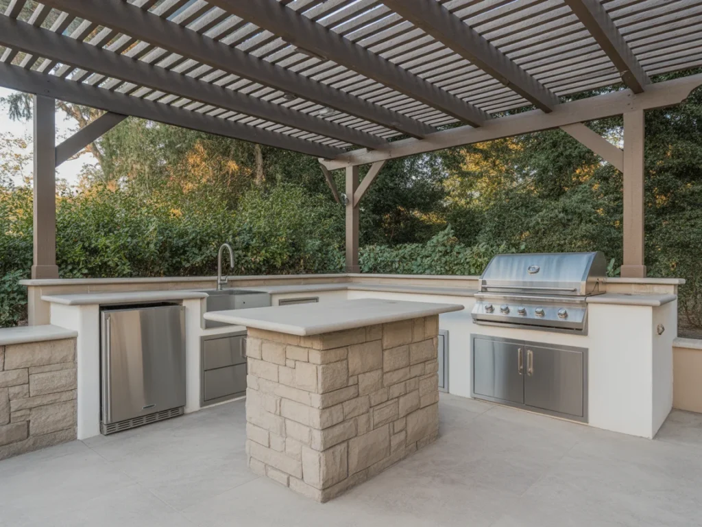 covered outdoor kitchen design with center island and pergola