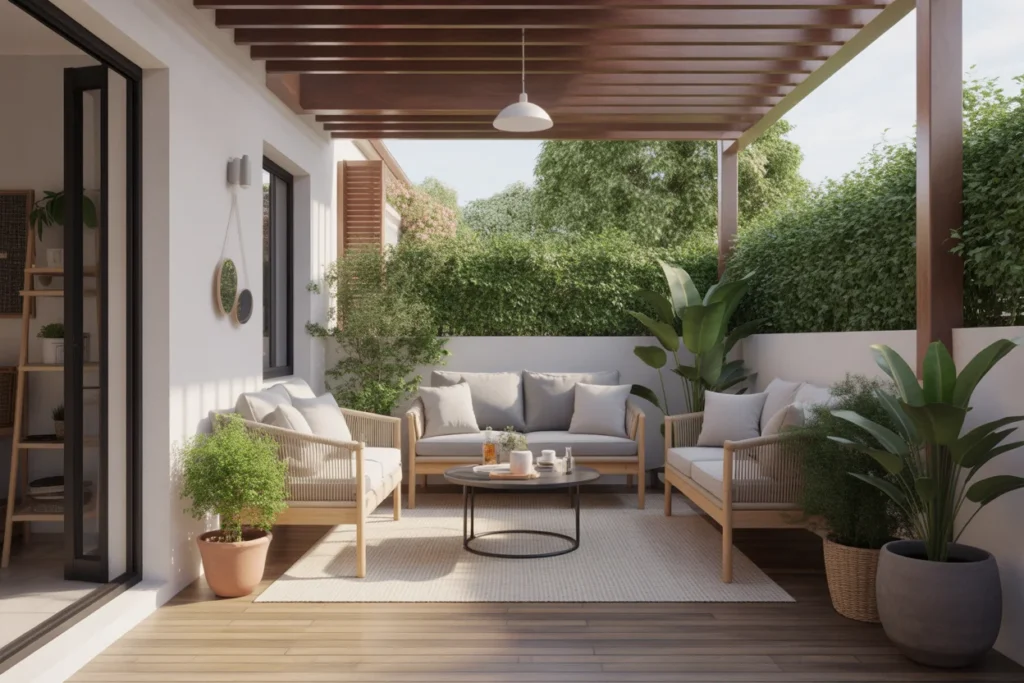 Cute small porch with modern seating, neutral cushions, potted plants, and wooden pergola