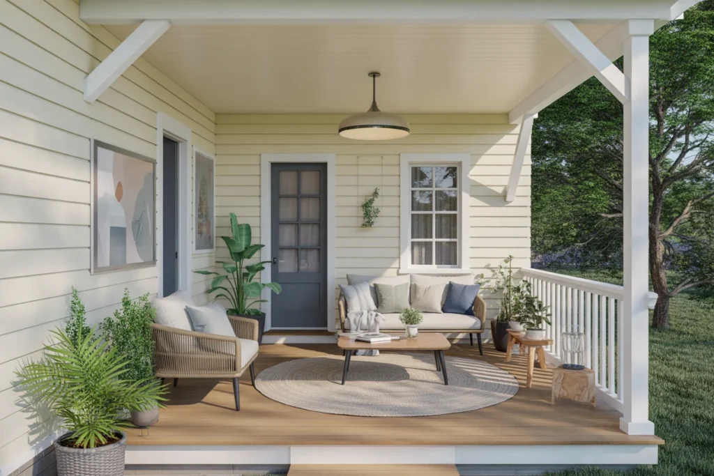 Classic white front porch with cozy seating, round rug, coffee table, and greenery decor