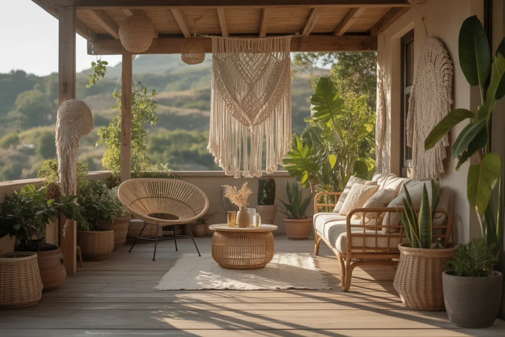 Boho small porch with macrame wall hanging, rattan chair, indoor plants, and soft sunlight