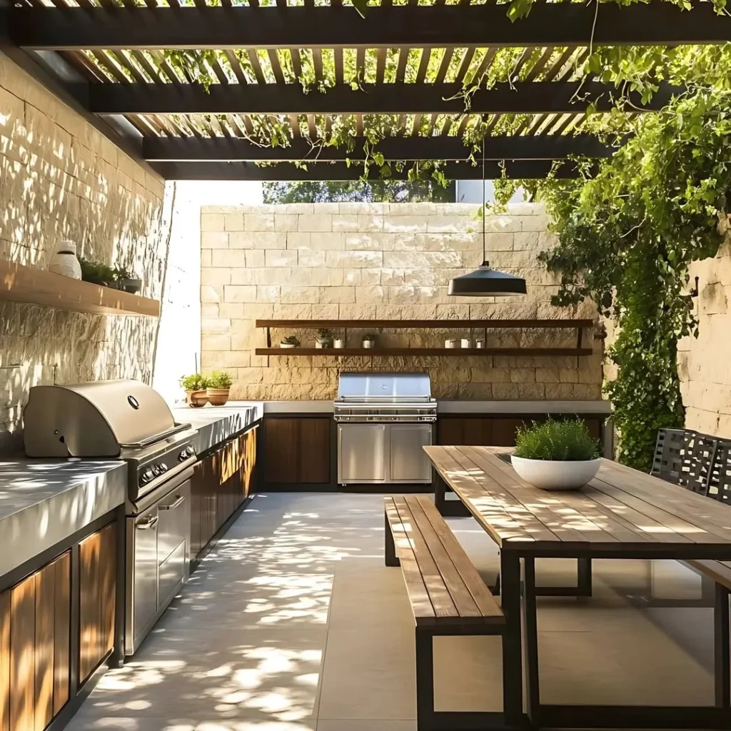 modern pergola outdoor kitchen design with stone wall and wood cabinets