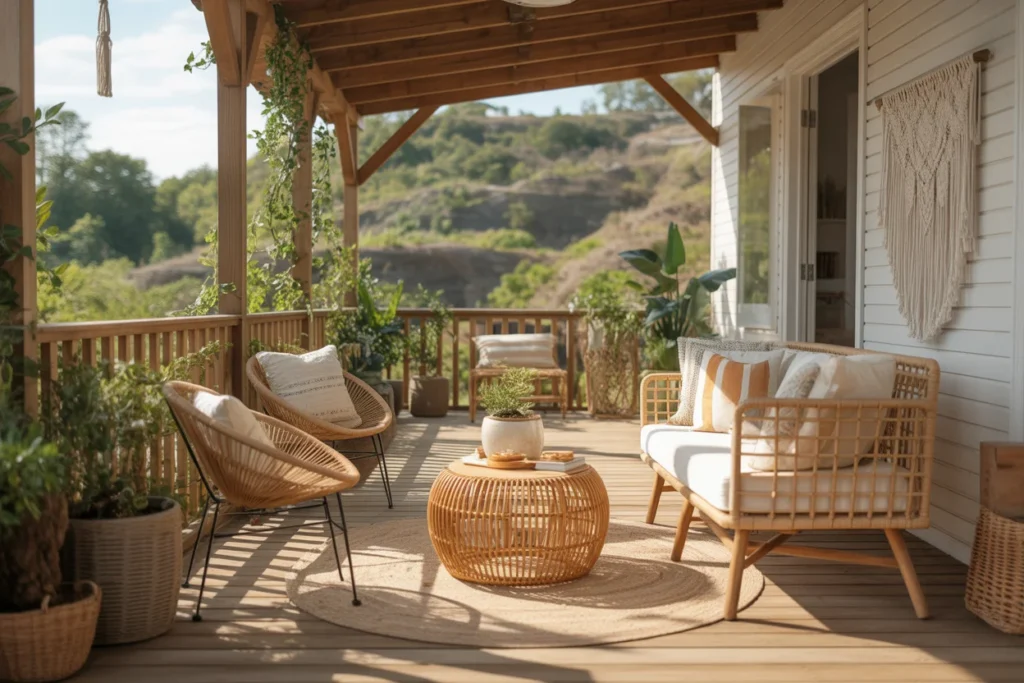 Farmhouse porch with wicker chairs, wooden deck, neutral cushions, and outdoor greenery