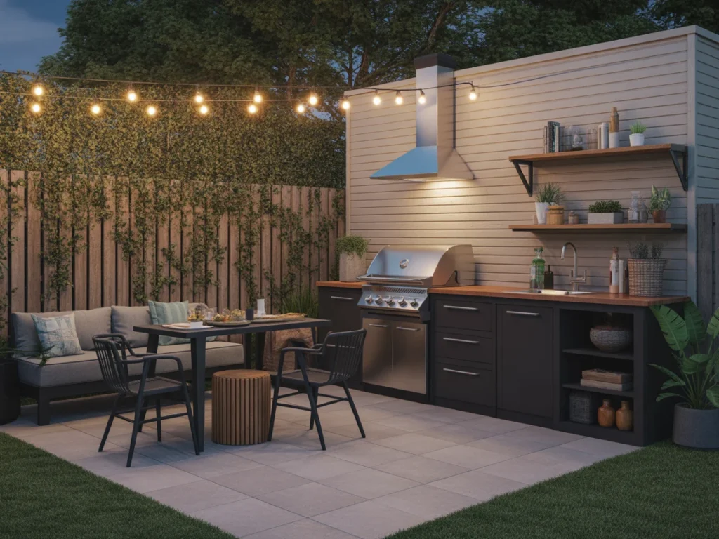 cozy outdoor kitchen design with string lights and seating