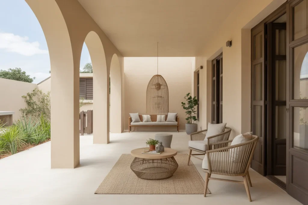 Mediterranean porch with arched walls, neutral tones, woven furniture, and minimal decor