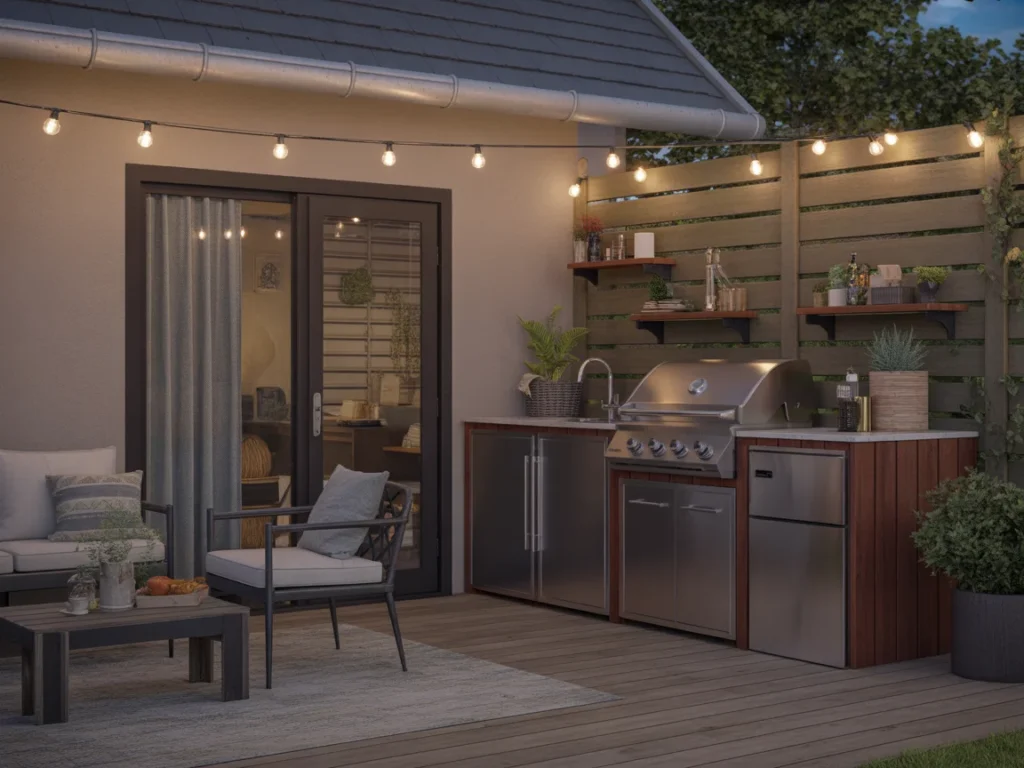 small patio outdoor kitchen design with grill and seating