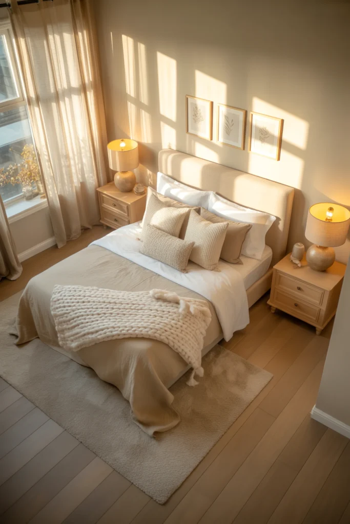 modern neutral bedroom aesthetic with natural sunlight and soft curtains