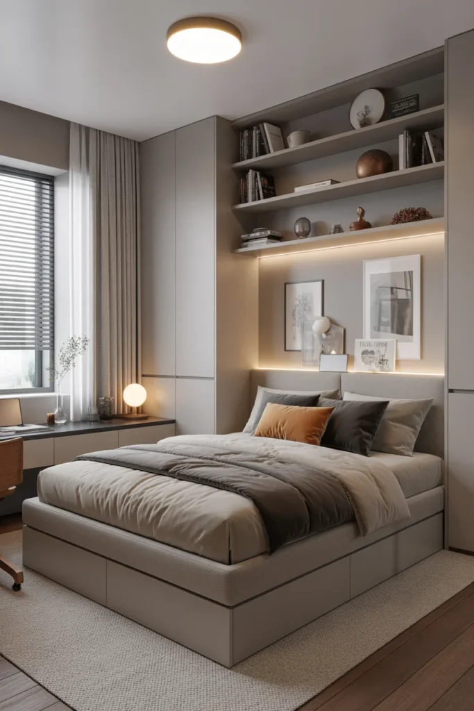 modern neutral bedroom ideas with built in storage and shelves