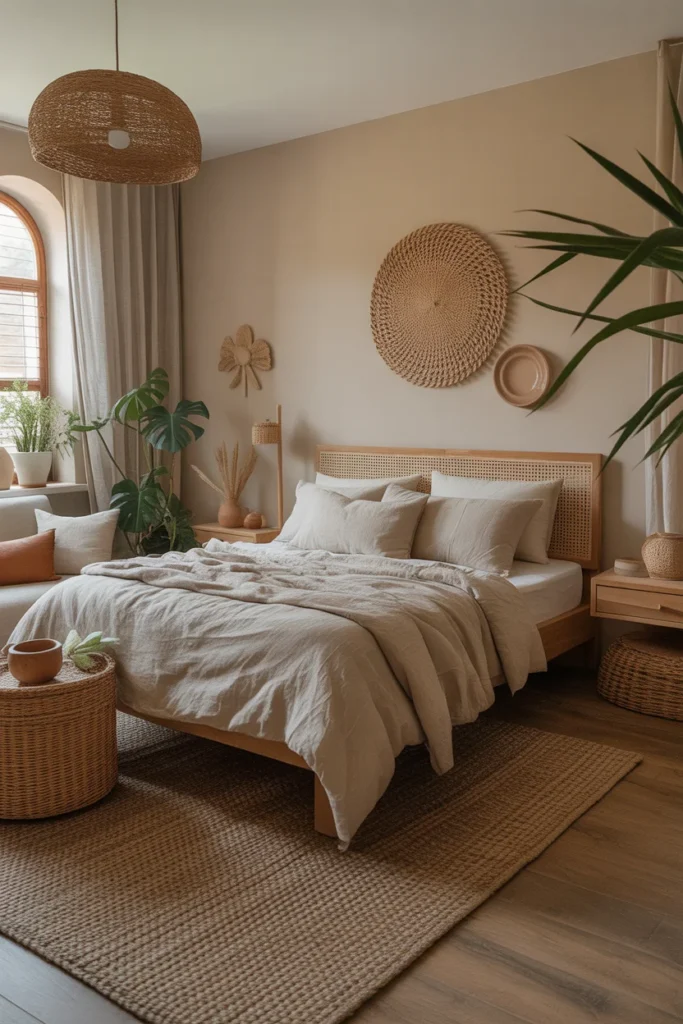 modern neutral bedroom decor minimalist with rattan furniture and earthy tones
