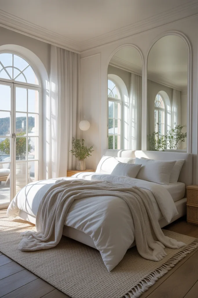 modern neutral bedroom aesthetic with large windows and natural light