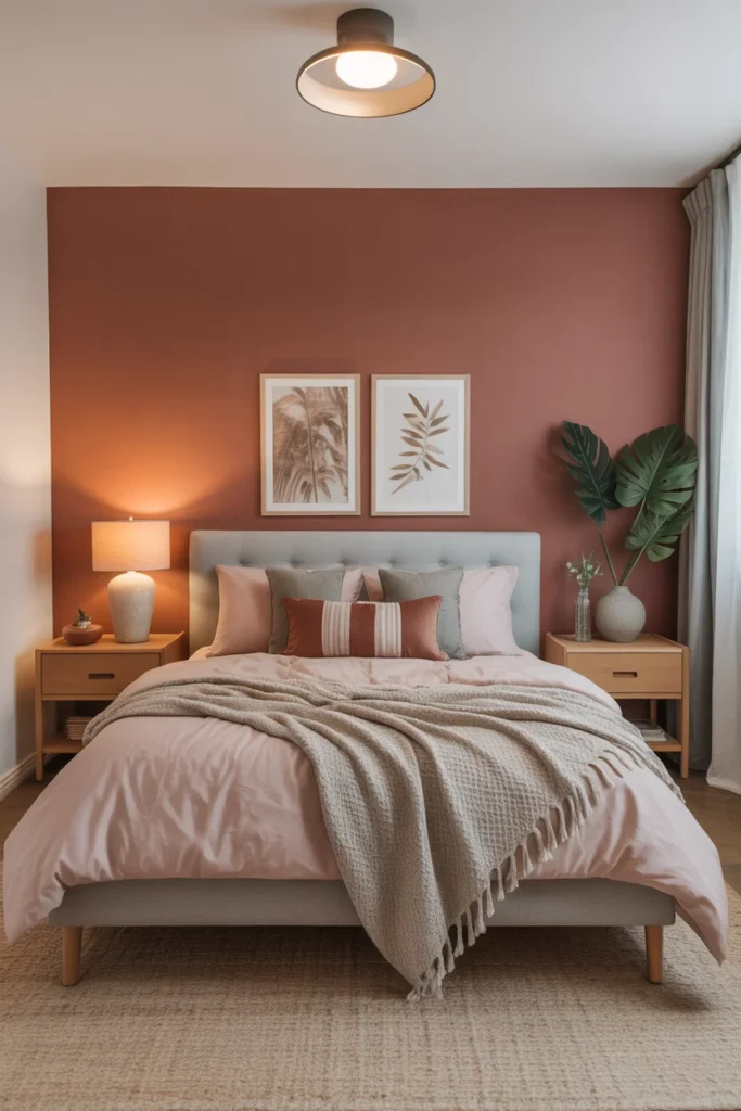 modern neutral bedroom design with terracotta wall and warm decor
