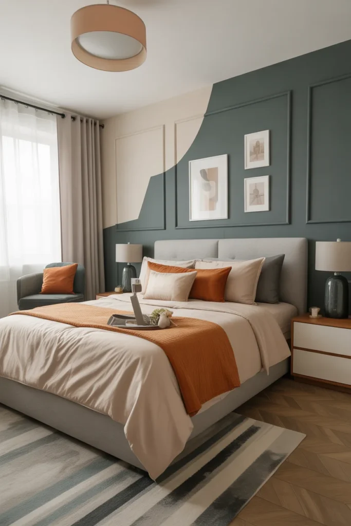 modern neutral bedroom decor ideas with two tone painted wall design