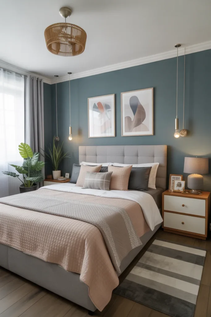 modern neutral bedroom ideas with teal accent wall and neutral bedding