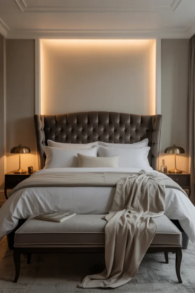 modern neutral bedroom design with LED lighting behind headboard