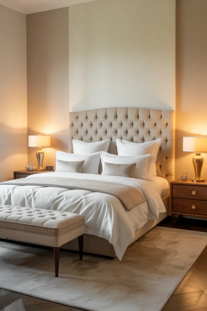 modern neutral bedroom interior design with dark walls and velvet headboard