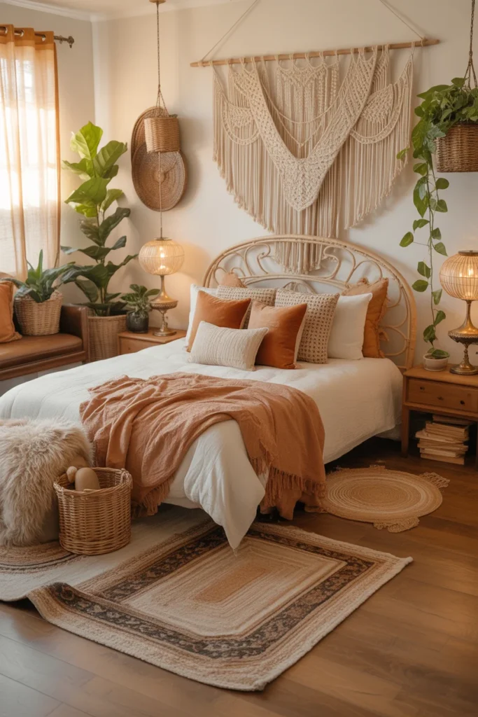modern neutral bedroom decor minimalist with boho elements and macrame