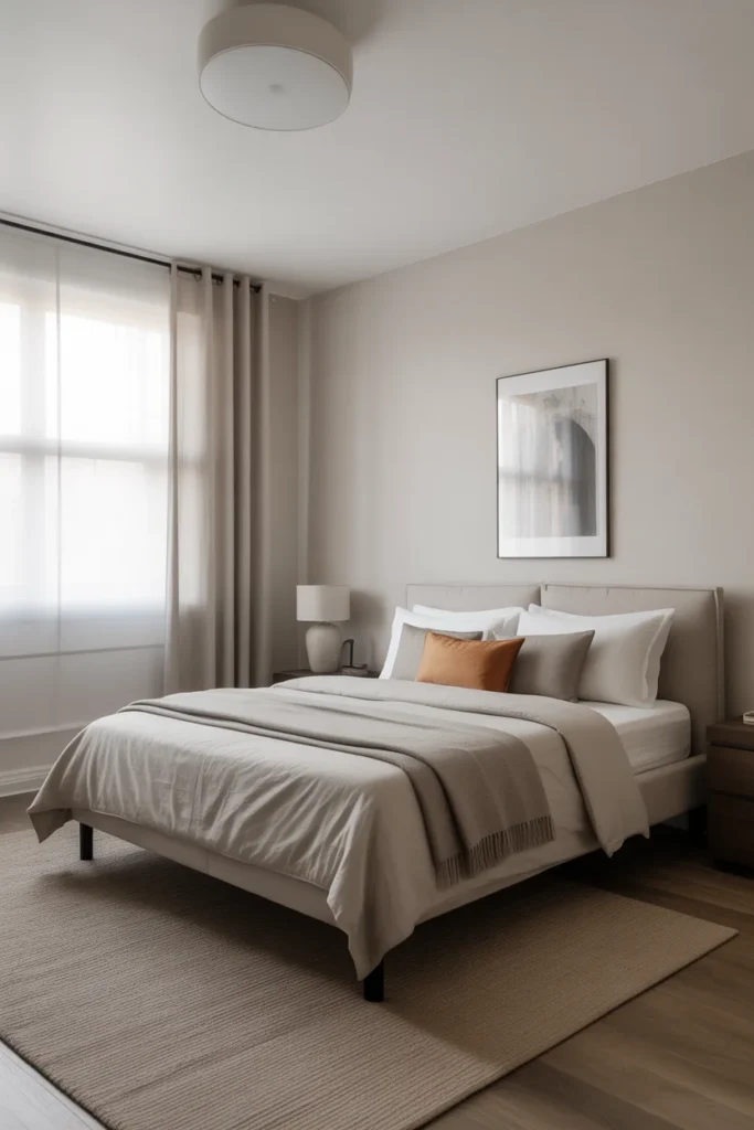 modern neutral bedroom design with beige tones and accent cushion