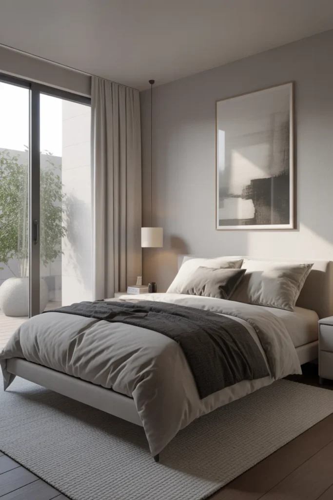 modern neutral bedroom aesthetic with gray tones and simple decor