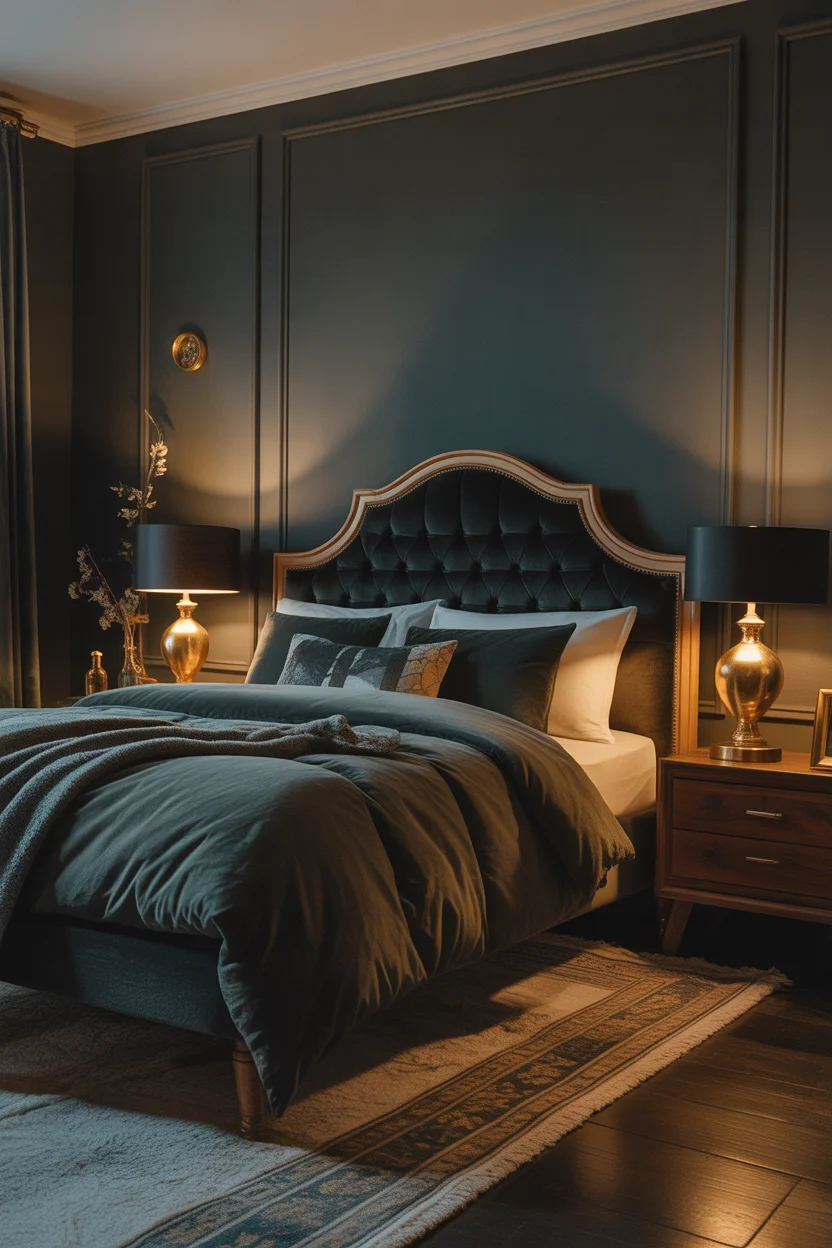 modern neutral bedroom interior design with dark walls and velvet headboard
