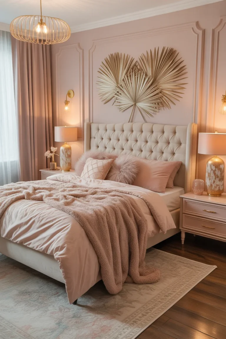 modern neutral bedroom design with blush tones and gold accents