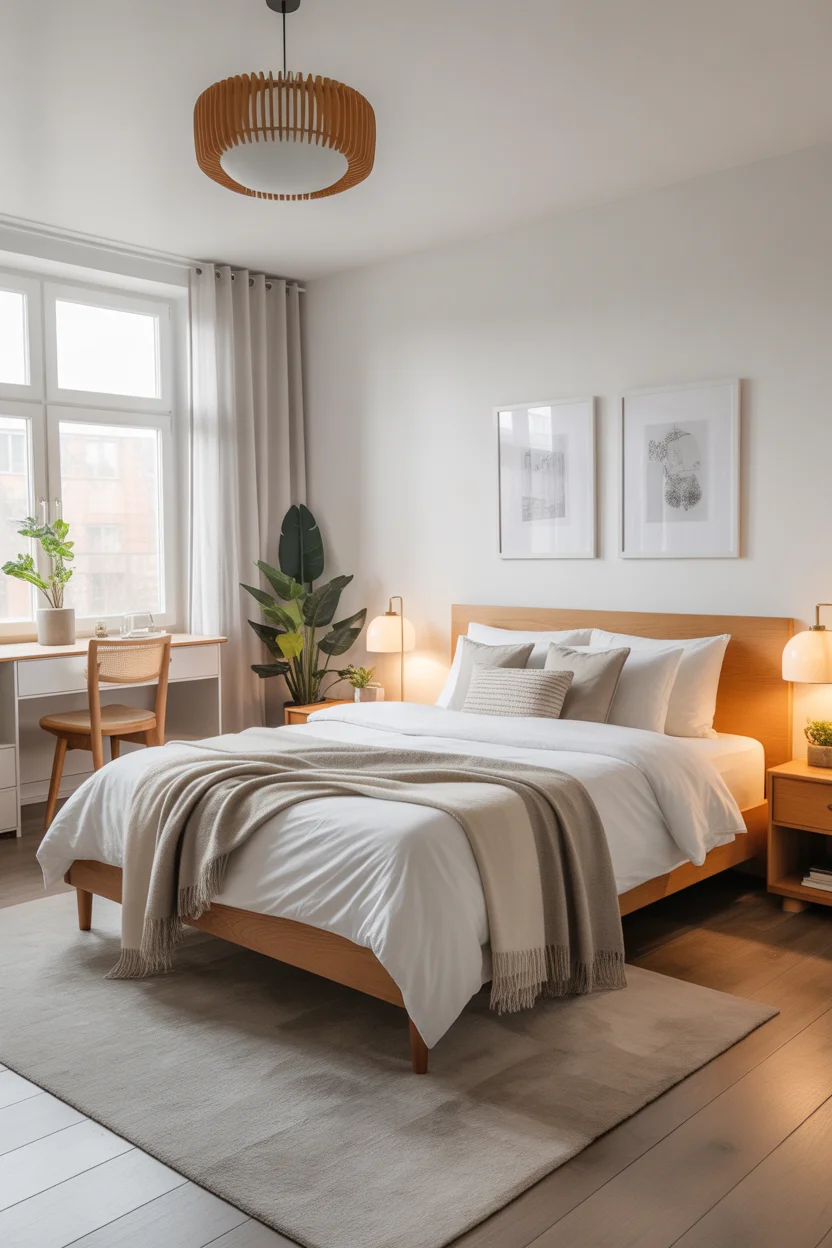 modern neutral bedroom decor with warm lighting and wooden pendant
