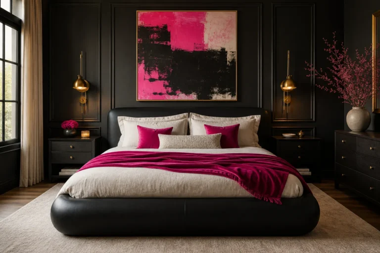 Grown-up black and hot pink bedroom with charcoal walls, sculptural black bed, fuchsia velvet accents, ivory bedding and brass lights