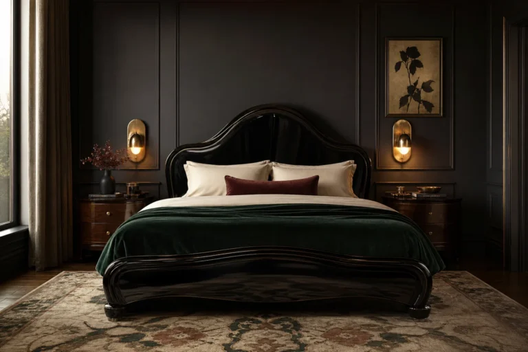 Dramatic Black Nouveau bedroom with charcoal walls, curved black bed, emerald and burgundy bedding, aged brass lights and botanical artwork