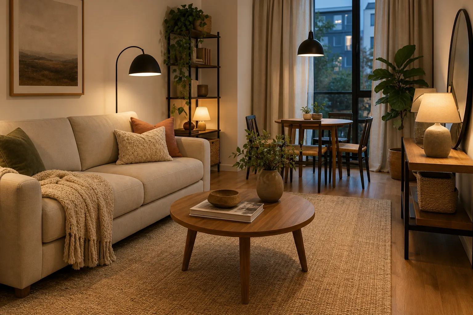 Warm cozy apartment aesthetic with layered lighting, cream sofa, natural textures and inviting decor