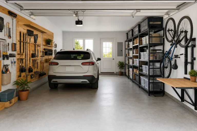 Organized garage with wall storage, shelves, labeled bins, bikes and a clear floor around the parked car