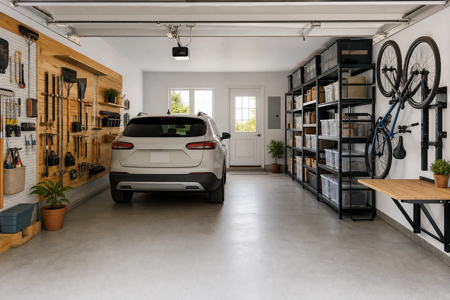 Organized garage with wall storage, shelves, labeled bins, bikes and a clear floor around the parked car