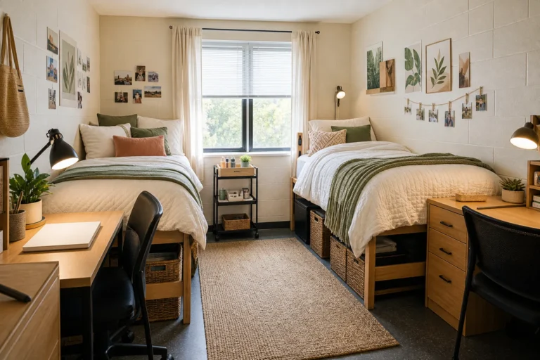 Stylish shared college dorm with coordinated Twin XL beds, layered bedding, organized desks, warm lighting and smart storage