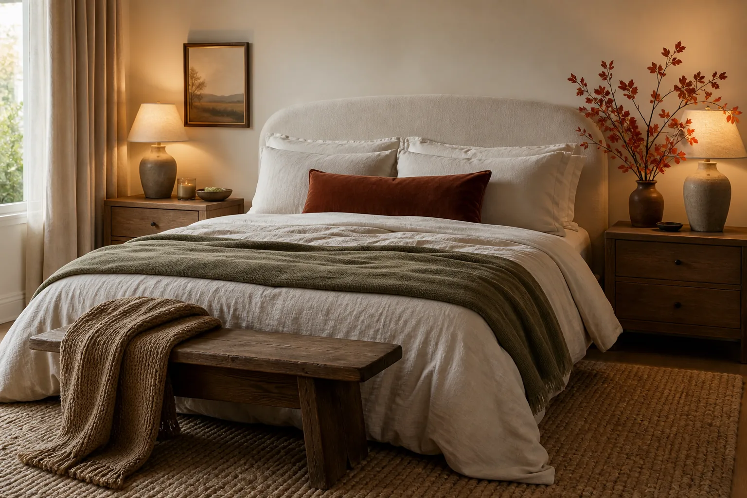 Cozy fall bedroom with layered ivory bedding, rust velvet pillow, olive throw and warm wood furniture