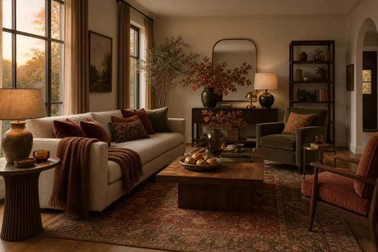 Elegant fall living room with cream sofa, walnut furniture, layered lighting and rich autumn colors