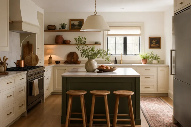Beautiful warm kitchen with styled counters, open shelves, olive and terracotta accents and natural wood decor